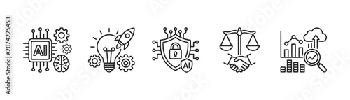 Set of five artificial intelligence outline icons, including ai security, data analysis, and startup.