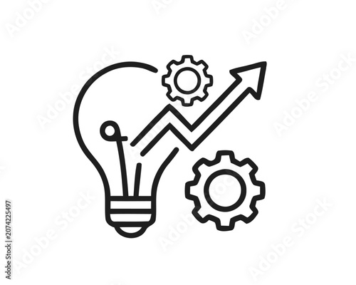 Business Innovation Line Icon with Growth Arrow, Light Bulb and Gear, Strategy and Process Improvement Outline Vector