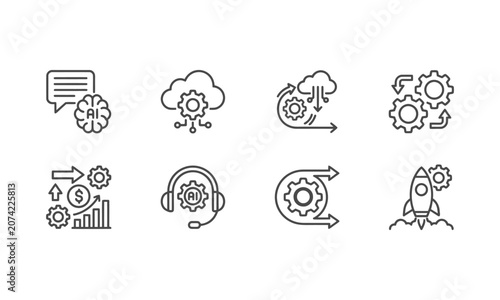 Set of eight artificial intelligence outline icons, including ai chat, cloud computing, and process.