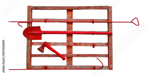 Red fire safety shield with essential firefighting tools isolated on transparent background