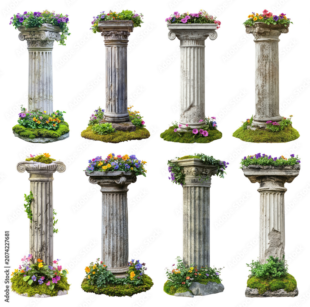 Naklejka premium PNG Ancient columns adorned with flowers on transparent background