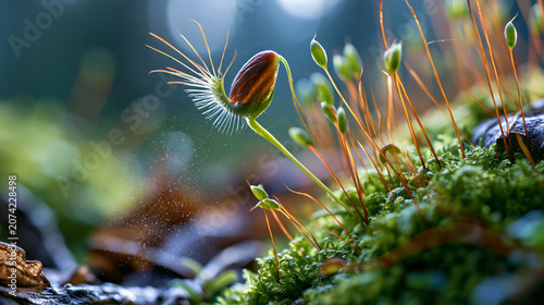 Bryophyte moss capsule with intact operculum and peristome teeth at dehiscence point, spore mass releasing from seta stalk in extreme macro, botanical reproduction cycle detail, bryology science edu