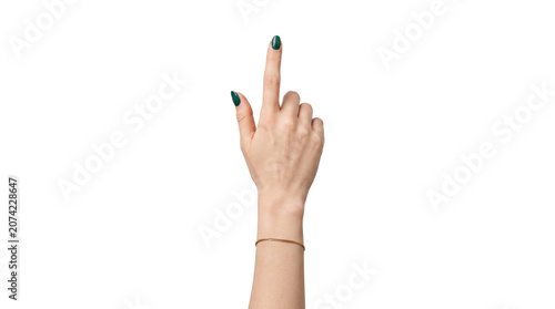 PNG Transparent Female hand with raised index finger, green nail polish and bracelet, isolated on a transparent background, symbolizing touch, selection, pointing, or digital interaction.