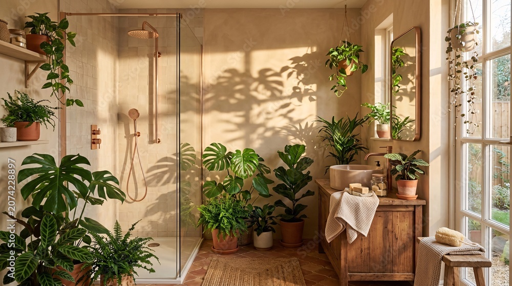 Fototapeta premium Peaceful botanical bathroom interior bathed in golden hour sunlight with a modern walk-in glass shower and lush green potted house plants.