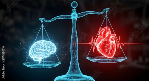 The balance of heart and brain in a scale, symbolizing the dichotomy of logic versus emotion.