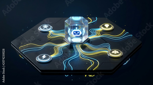 AI agent workflow visualizes data streams on a futuristic circuit board
