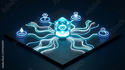 An AI agent workflow diagram with glowing blue lines and icons on a digital platform
