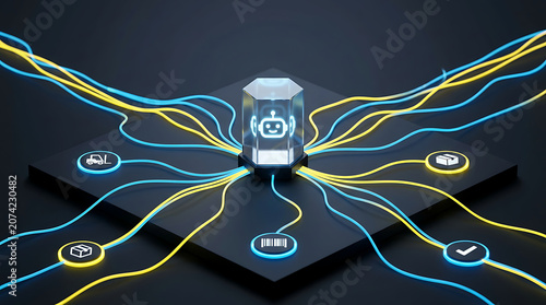 An AI agent workflow streamlines operations on a digital dashboard with various connections.