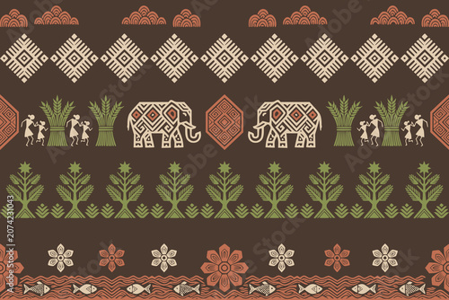 Warli-inspired tribal border illustration featuring decorated elephants, geometric ornaments, and ethnic folk motifs in warm earthy tones. Seamless horizontal pattern for textile and surface design.