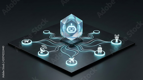 AI agent workflow diagram on a futuristic black circuit board with glowing blue lines and icons