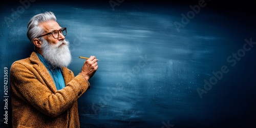 Elegant elderly man writing on chalkboard in thoughtful classroom portrait.

