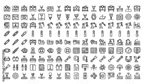 Laser Cutting and CNC Milling Machine Line Icons Set Industrial Manufacturing Editable Stroke Vector Collection