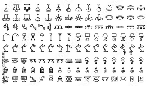 Modern Lighting Lamps and Ceiling Fixtures Thin Line Icons Set Editable Stroke Vector