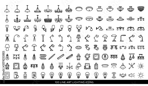 Fotografía Modern Lighting Line Icons Set Lamps Chandeliers and Ceiling Fixtures Editable S