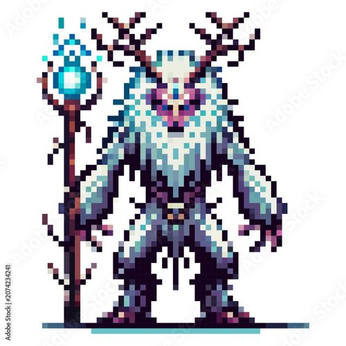 A tall fantasy creature with antlers and a staff features a blue orb. The character is designed in pixel art style, suitable for a video game. The setting feels magical and mysterious