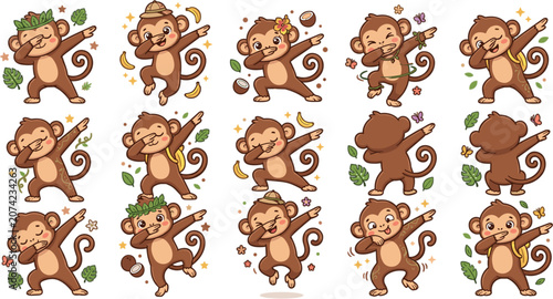 Photography Cute Cartoon Monkey Dabbing Dance Pose Collection Tropical Jungle Character Vect