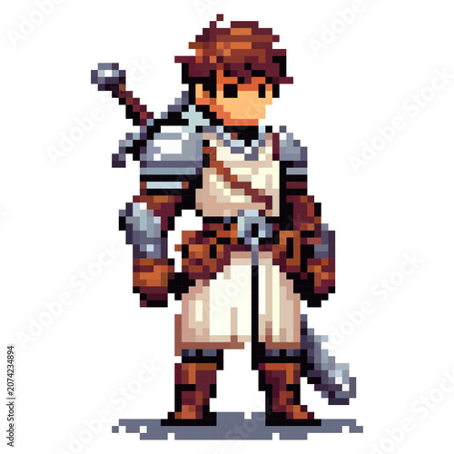 A character stands in a game world wearing medieval armor and holding a sword. This pixel art design features clear 8-bit style graphics with bright colors, typical of retro games