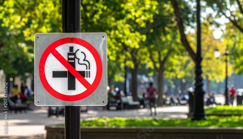 A no smoking sign is posted on a pole in a park with people.