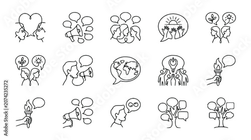 Communication Icons Set: Speech Bubbles, Megaphone, World, Ideas, Connection, Community