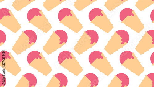 Strawberry ice cream in waffle cones arranged in a seamless geometric pattern. Vector ice cream on white background