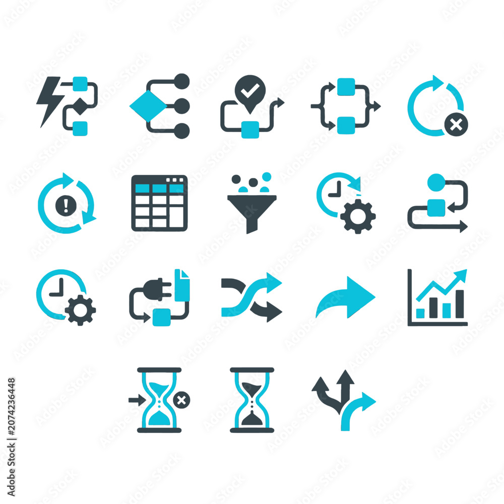 Fototapeta premium Intelligent workflow automation and smart business process orchestration symbols in dual-tone style for automation platform apps, workflow tool pitch decks, process management dashboards, and business