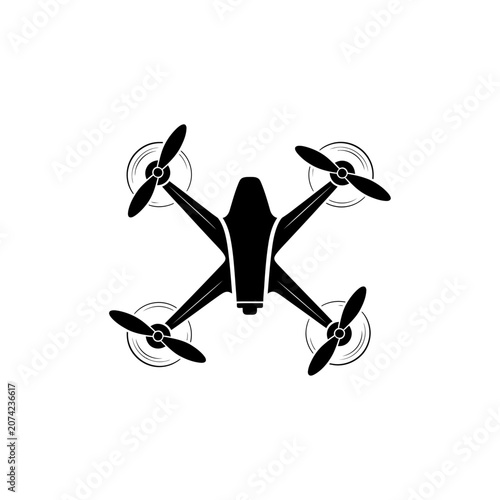 Modern drone quadcopter silhouette icon, top view, isolated on white background