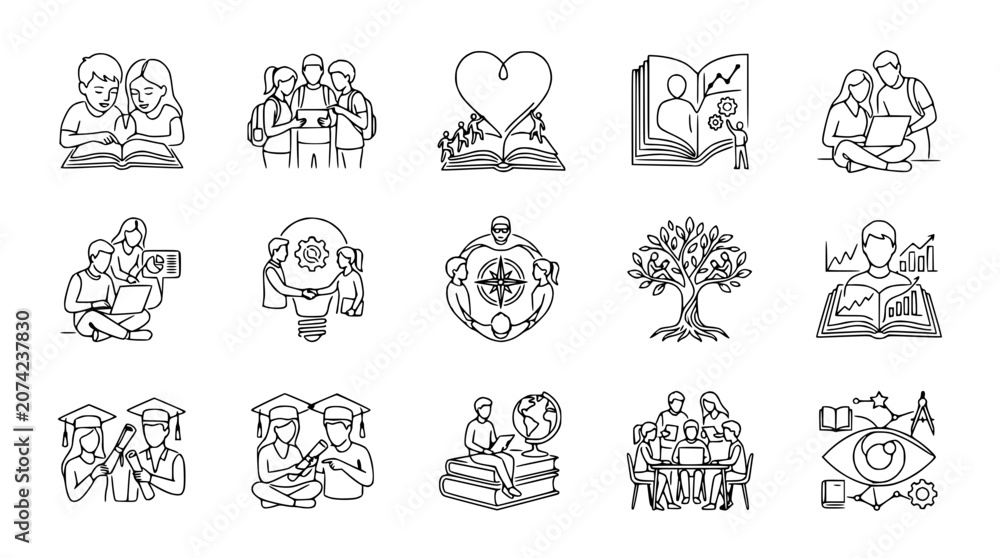 Fototapeta premium Education and Learning Icons: People Reading, Studying, Collaborating, and Growing Knowledge