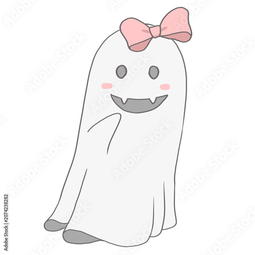 cute girl ghost cartoon character wearing a pink hair bow, friendly Halloween designs