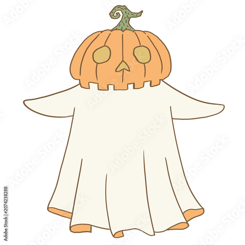 cute cartoon ghost character wearing an orange pumpkin head mask, Halloween wrapped, greeting cards, autumn festivals