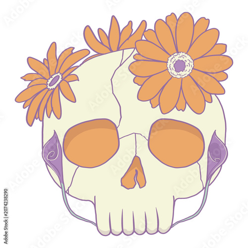cute skull cartoon illustration adorned with orange marigold flowers, human skeleton head with subtle purple floral