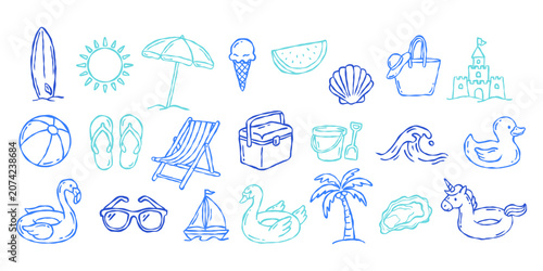 Summer handdrawn doodle surfboard sun umbrella ice cream watermelon shell bag sandcastle beach ball flip flops chair cooler bucket wave duck flamingo