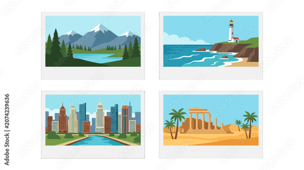 Obraz premium Four flat travel postcards showing diverse global landscapes