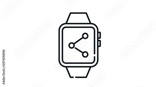 Smartwatch with share icon on screen: wearable smart watch representing digital sharing and mobile social connectivity, minimalist black line art vector.