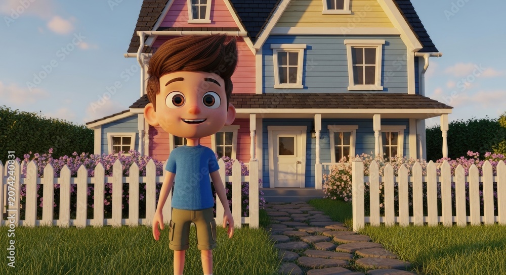 © overking.10v - Animated Boy Standing in Front of a Colorful Cartoon House on a Sunny Day.
