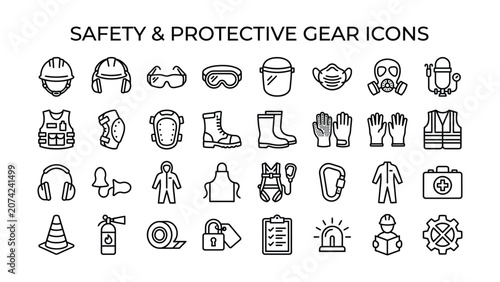 Принти на полотні Comprehensive collection of essential safety and protective gear line icons repr