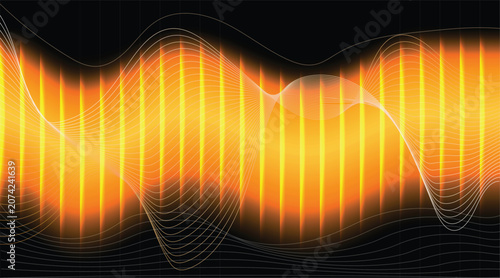 Fotografie Glowing orange audio waves lines showing dynamism and fluid networking internet