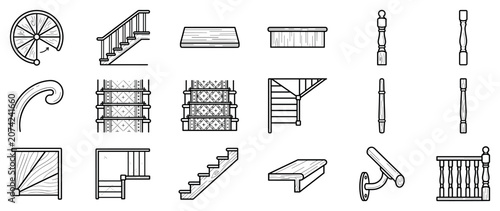 Staircase elements icons set. Home interior design and construction concept. Includes spiral stair, handrail, baluster, newel post, step, tread, riser. Flat and line style