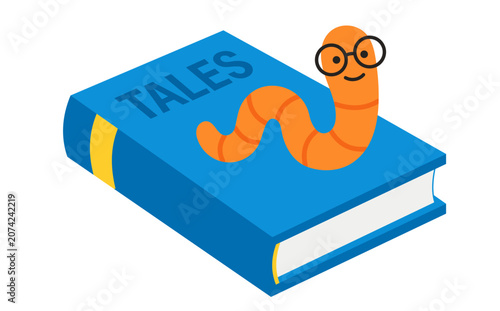 Фотография Cute cartoon bookworm wearing glasses sitting on a blue book titled tales, vecto