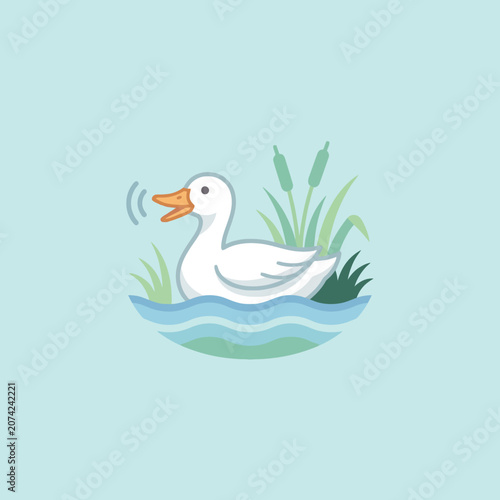Εκτύπωση καμβά A cute white duck quacks in a pond with green reeds