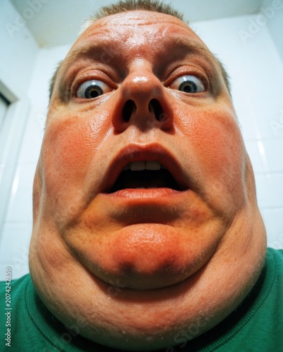 close-up of shocked person looking into phone