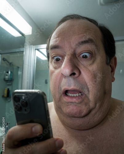 close-up of shocked person looking into phone
