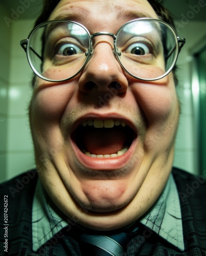 close-up of shocked person looking into phone