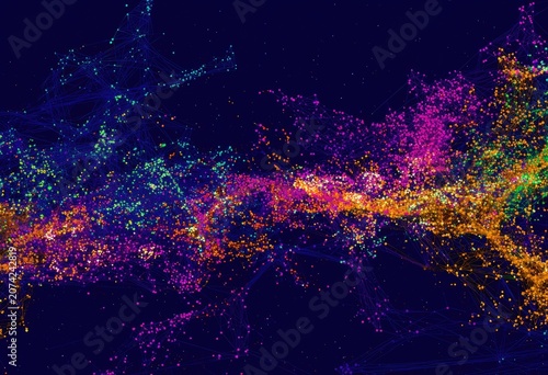 Abstract digital art; vibrant particles flowing across a dark background