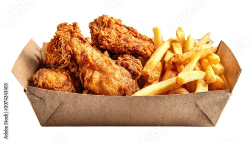 Crispy fried chicken wings and french fries in a brown paper tray