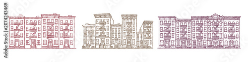 Old apartment building with fire escape stairs, urban residential architecture, vintage tenement set, cityscape line art drawing handdrawn doodle