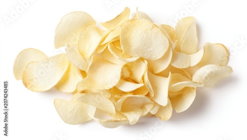 Light-colored, thin crisp chips, piled on white background