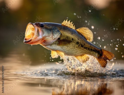 Largemouth bass leaping from water