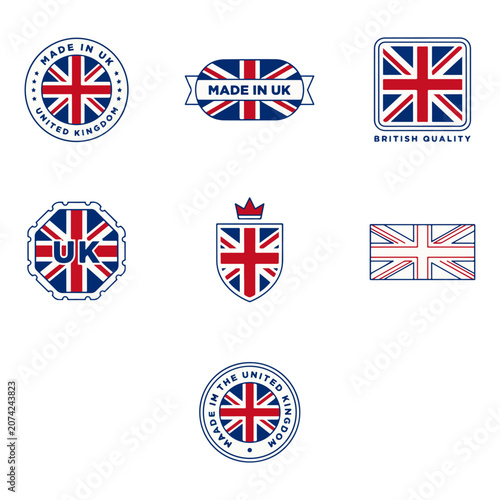 Set of “Made in UK” vector badges featuring the United Kingdom flag (Union Jack) in multiple styles including circle, stamp, banner, sticker.