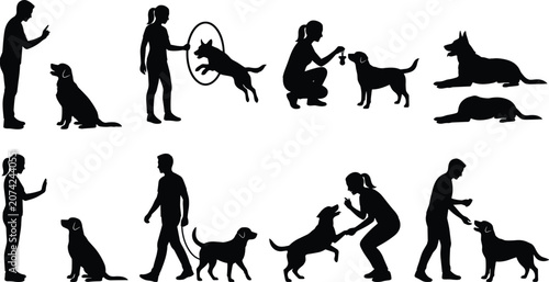 Tableau sur toile Dog training black silhouettes collection featuring obedience commands trick jumping leash walking and treat rewards in image_2290a9