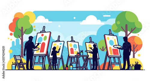 Bild auf Leinwand Art class outdoors: people painting on easels in park, creative hobby, artistic
